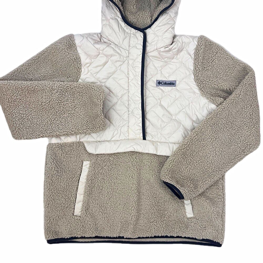 Columbia Women's Hooded Sherpa Fleece Quilted Snap Pullover Tan/Cream Size M